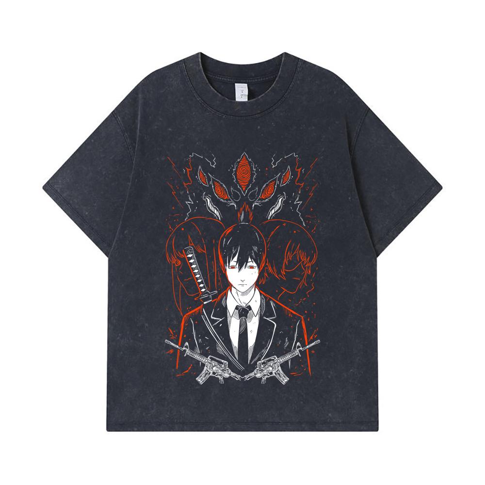 Koszulki GSM Washed Bawełna Chainsaw Man V Aki Nadruk Unisex Ciężka Bawełniana Koszulka