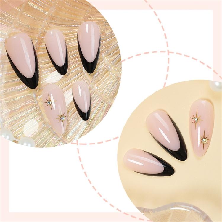 24 Pieces Almond French Tip Press On Nail With Golden Star Designs Stick On Nail Manicure For Parties And Event