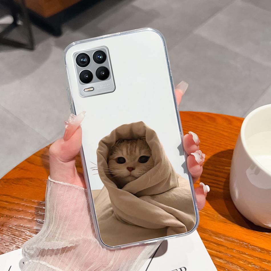 For Realme 8 Pro Case Lovely Cat Soft Transparent Phone Back Cover For Realme8 4G 5G Shockproof Comfortable TPU Silicone Bumper