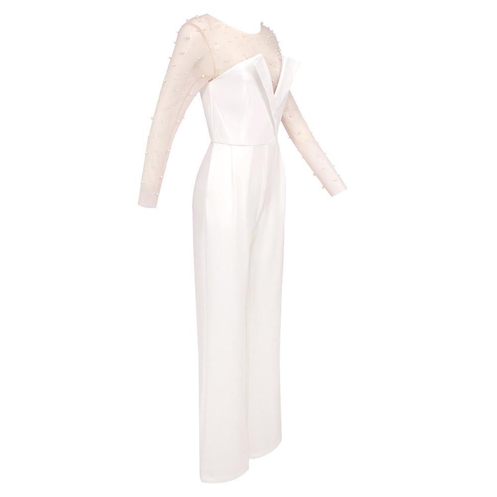 Weißer Perlenverzierte Jumpsuit Romper - Modisches Lässiges Zweiteiliges Set für Damen