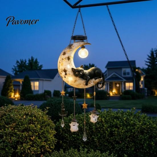 Solar Powered Garden Hanging Decor Moon Black Cat Wind Chime Light, Lamp, Waterproof Resin Cute Ghost Star Yard Accents Outdoor for Patio Yard,