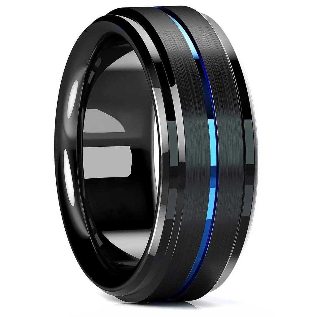 Fashion 8mm Stainless Steel Rings For Men Women Blue Groove Step Edge Black Brushed Engagement Rings Wedding Anniversary