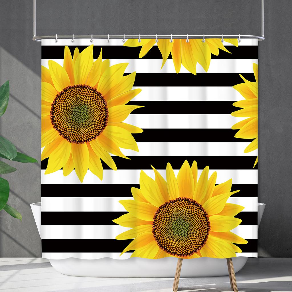 Shower Curtain Waterproof and Mildew-proof Digital Printing Horizontal Strip Plant Flower Printing Shower Curtain Partition Curtain Free Punching