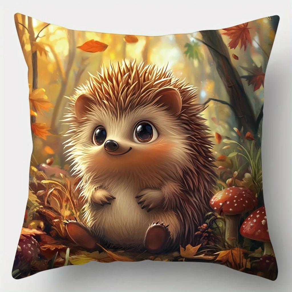 1pc Autumn Cute Hedgehog Maple Leaf Printed Pillowcase