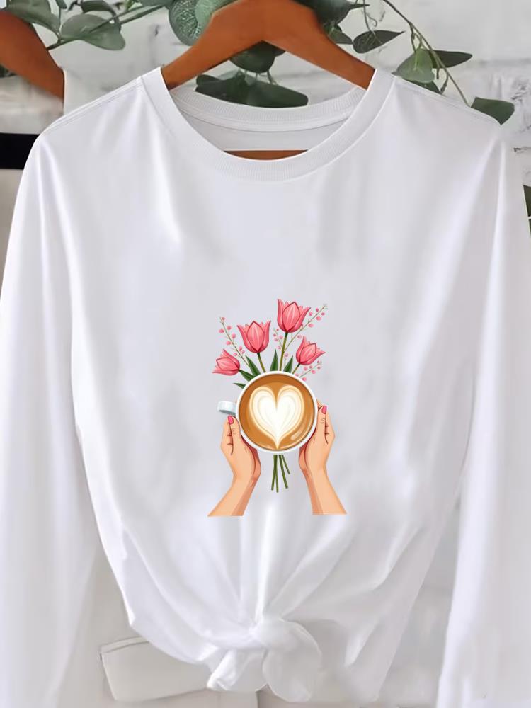 (Asian Size) Flower Trend Cute Graphic Tee O-neck Print T Shirt Casual Clothing Women Autumn Winter Spring Fashion Top Long Sleeve T-shirts