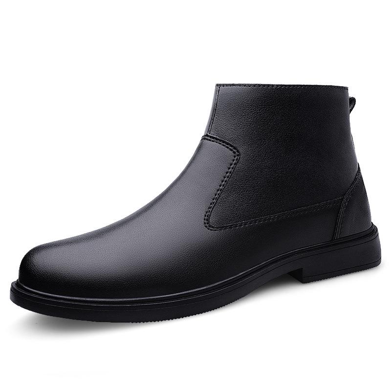 Cross-border Men's High-Top Leather Boots, Autumn/Winter, Slip-on Cowhide with Side Zipper, Large Size, Plus Velvet Warm Cotton.