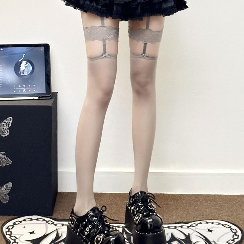 Women Aesthetic Sexy Side Crisscross Hollowed Out Thigh Stockings Tights Goth Rose Flower Patterned Suspender Pantyhose