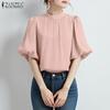 Women Stand Collar Solid Color Loose Casual Half Sleeve Blouse
