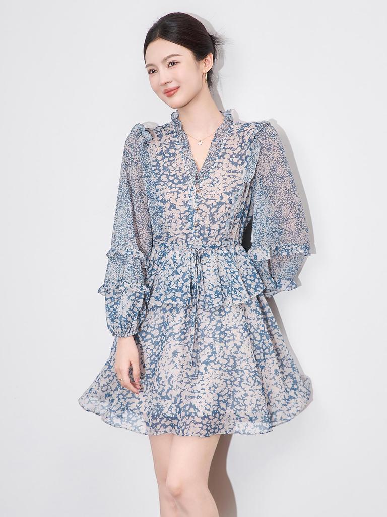 High-Quality French Waist-Slimming Double Crepe Chiffon Dress for Women - Summer Style