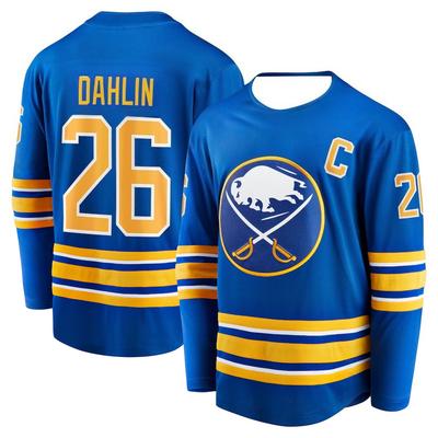 Buffalo Sabres Eishockeytrikot - Blau mit Gelben/Weißen Akzenten "Dahlin 26" Kapitän "C" Trikot Buffalo Bison 3D-Druck Langarm V-Ausschnitt T-Shirt