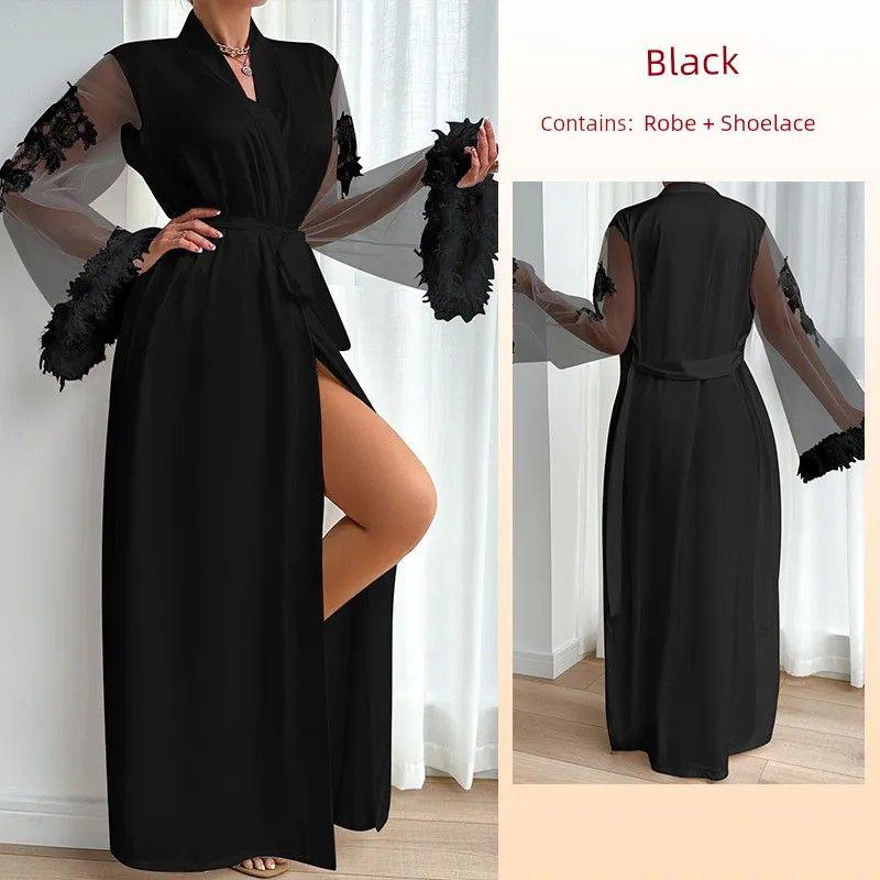 

Cross-Border Elegance Silky Satin See-through Nightgown/Fashion Sleeve with Feather Decoration Night Robe/Date Pajamas Black One size