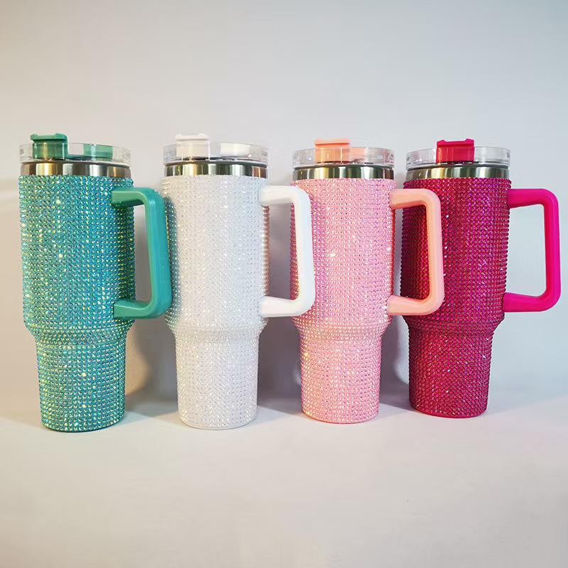 40oz Rhinestone-Inlaid Insulated Tumbler with Handle - Stainless Steel Double-Wall Cup for Outdoor and Car