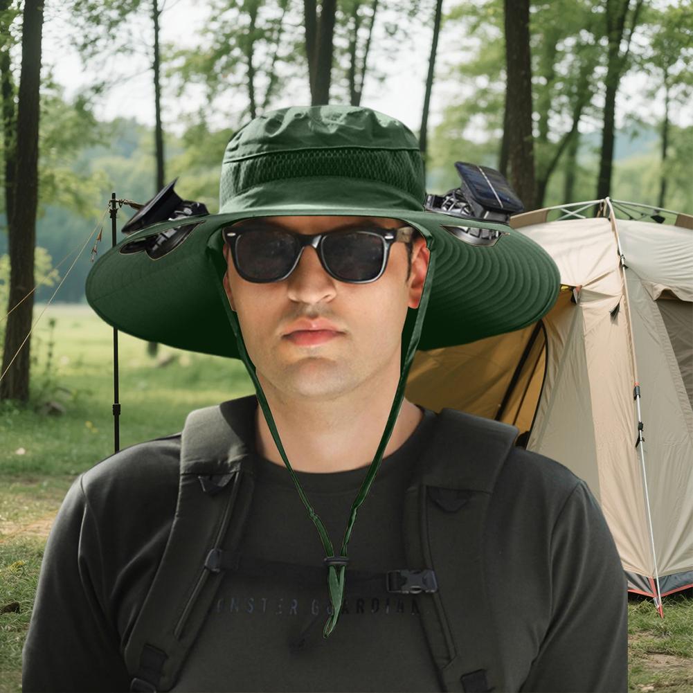 Outdoor Wide Brim Sun Hat with Solar/Charging Fan Outdoor Drawstring Fishing Hat Waterproof for Outdoor Riding Hiking Fishing