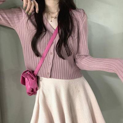 Herbst/Frühling Koreanischer Stil Schlankmachender V-Ausschnitt Rippstrick Cardigan Langarm Oberteil für Frauen Studentinnen