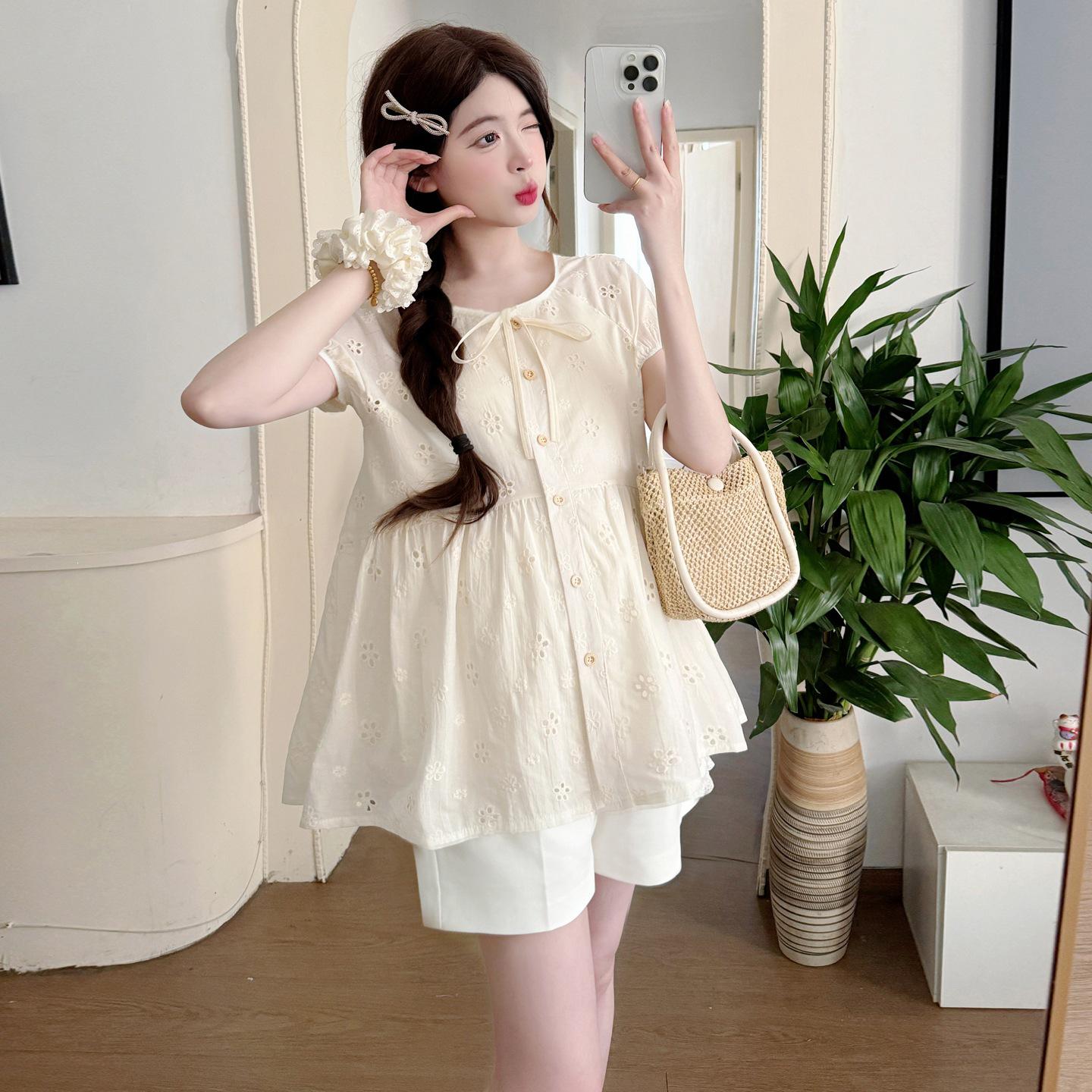 Summer 2026 Maternity Slim Fit Embroidered Hollow Doll Shirt 2XL