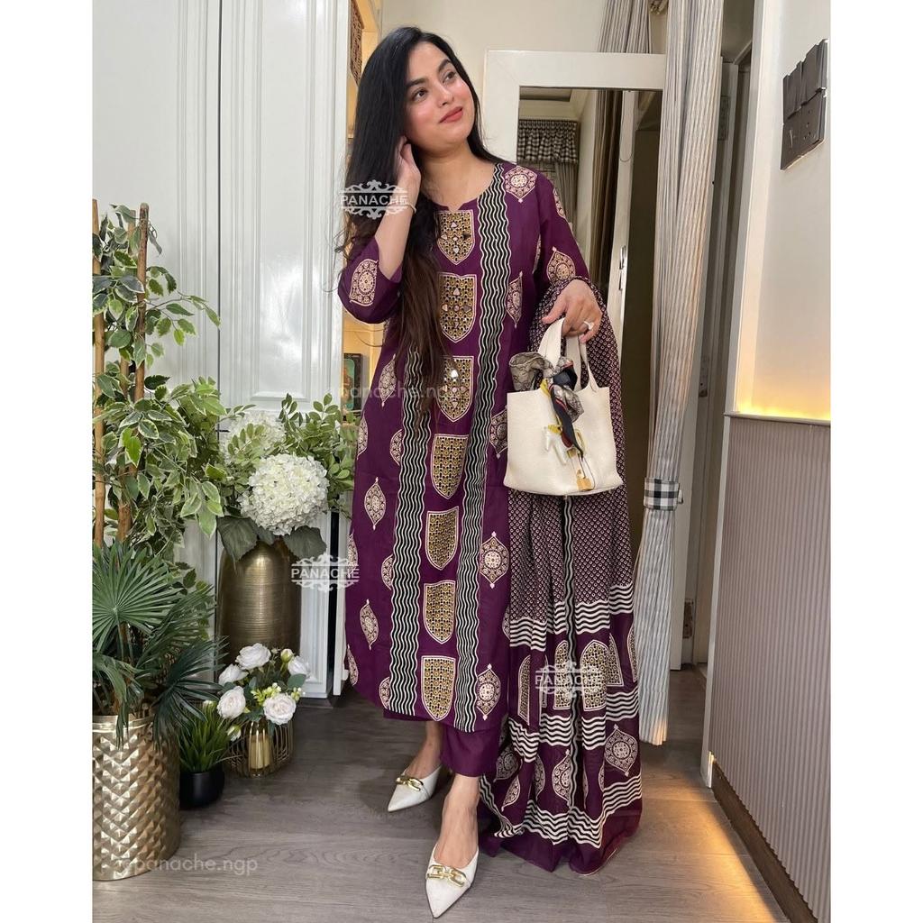 Schwerer Baumwoll-Pakistanischer Salwar-Anzug Kurti Indisches Damen-Kurta-Hosen-Dupatta-Set