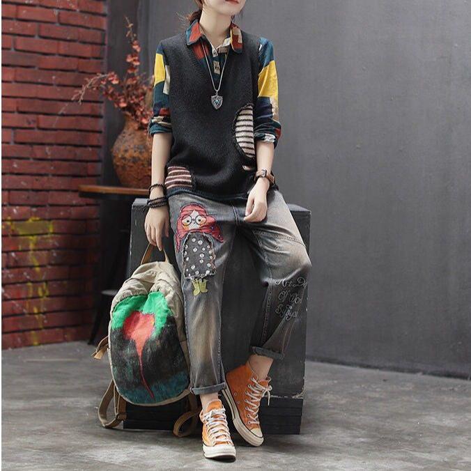 Autumn Winter Women's Loose Knitted Vest Sleeveless Vest Literary Color-block V-neck Pullover Knit Waistcoat