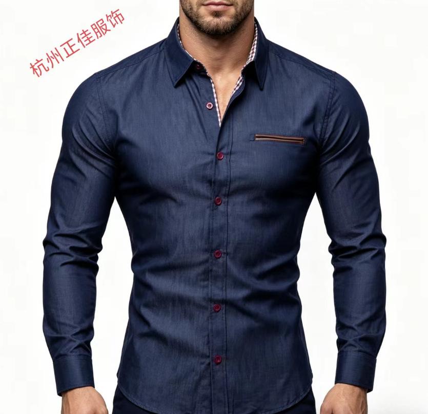 Herren Slim Fit Lässiges Jeanshemd mit langen Ärmeln und Leder-Patch-Tasche