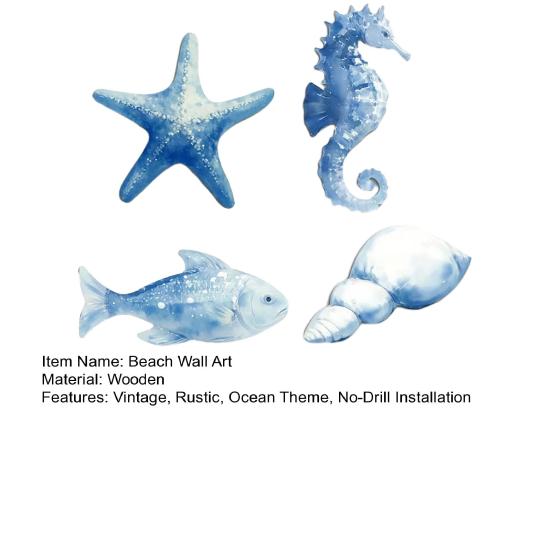 4 Pcs Wooden Beach Wall Decor Coastal Ocean Starfish Seahorse Conch Fish Wall Art Nautical Theme Home Decor for Farmhouse Living Room Bathroom