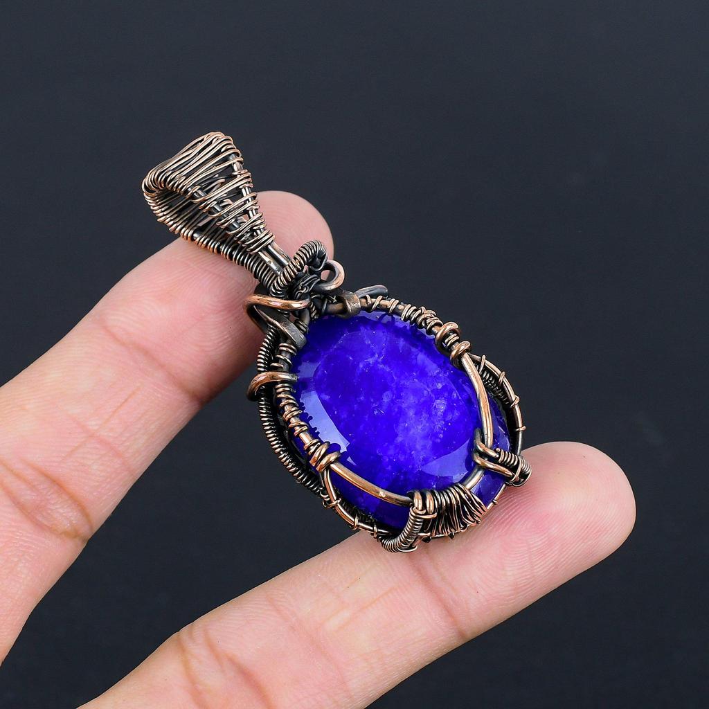 Blauer Saphir Anhänger, Handgefertigter Edelsteinanhänger, 999 Kupferdraht gewickelter Anhänger Antikschmuck, Für Verlobungsgeschenk
