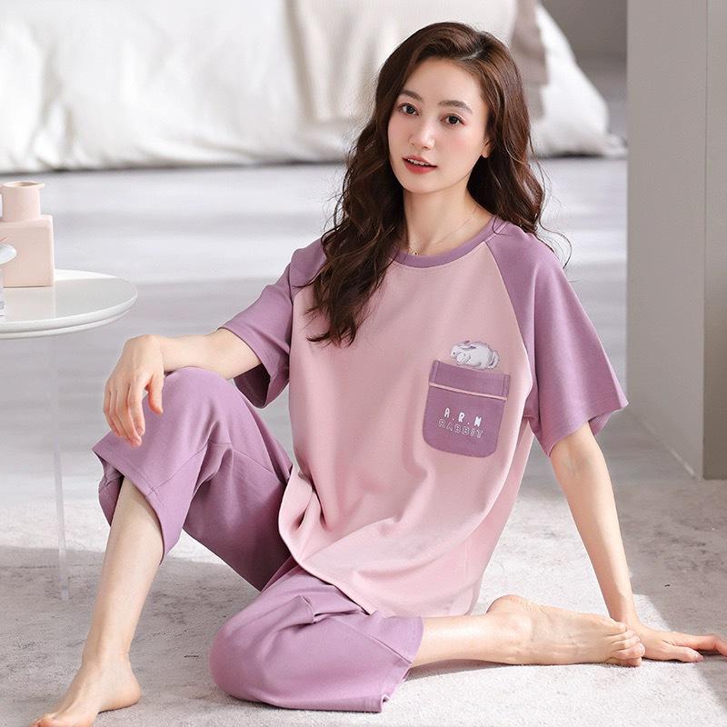 Women's Summer Korean Cartoon Pajama Set - Short-Sleeved Top with Seven-Point Pants
