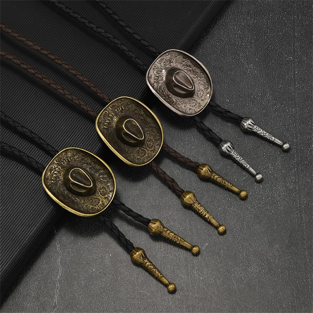 Vintage Cowboy Hat Bolo Tie Necklace With Wheat Star Charm PU Leather Cord Fashion Necktie For Men And Women
