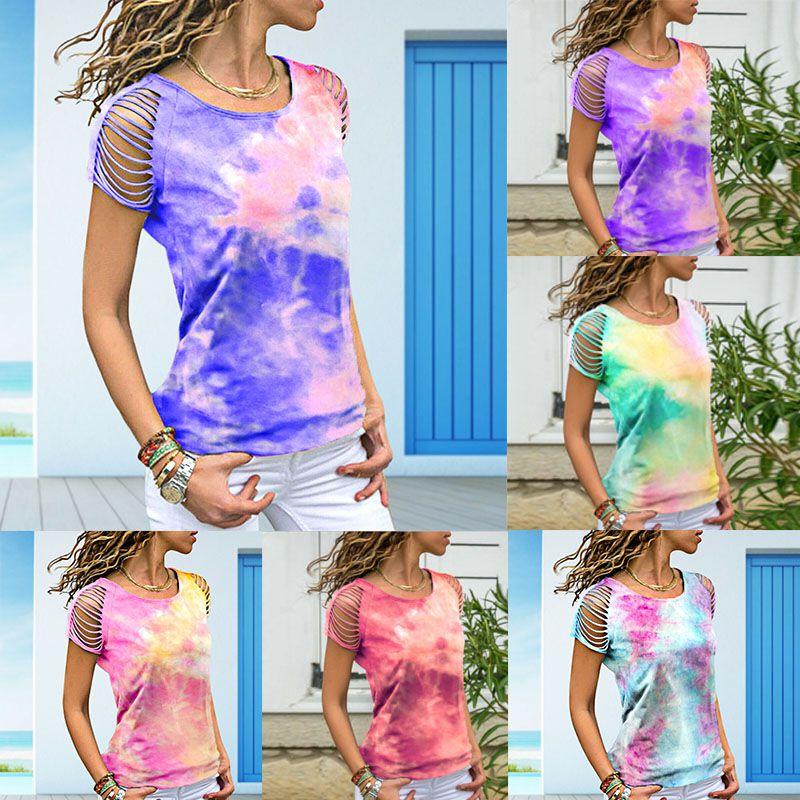 Womens Vibrant Tie-dye Printed Tops Casual Short Sleeve Blouse Perfect For Summer