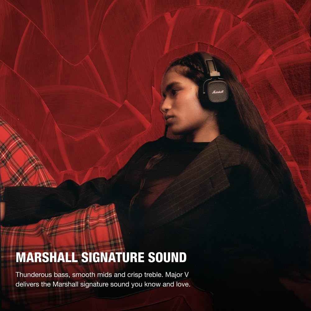 Marshall Major V Wireless On-Ear Headphones, Black, Bluetooth, 100 Hours of Playtime, Qi Charging, and Call Support [Official Japanese Product]