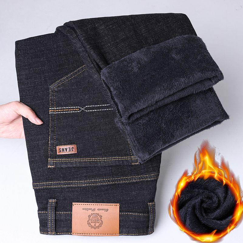 Premium Light Luxury Classic Fleece-Lined Denim Trousers for Men Autumn/Winter Stretch Business Casual Middle-Aged Warm Thick Straight-Leg Trousers