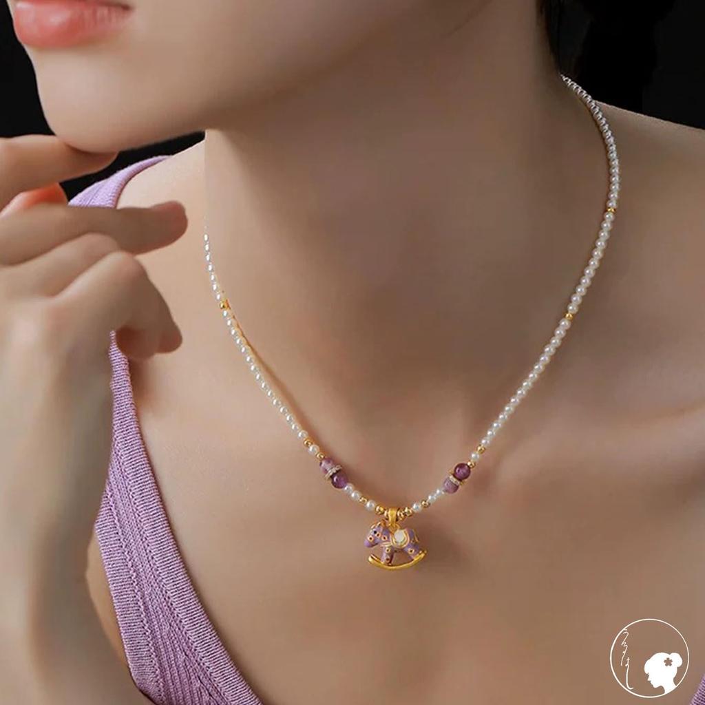 [Uruhashi] Dreaming Rocking Horse Necklace for Women  Pearl x Natural Stone x Enamel Coloring  18K Finish Purple Elegant Cute Artistic Vintage-Style