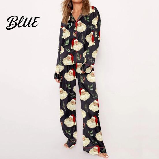Lightweight Loungewear 2 Pcs/Set Christmas Women Pajamas Suit Satin Santa Printing Lapel Long Loose Fit