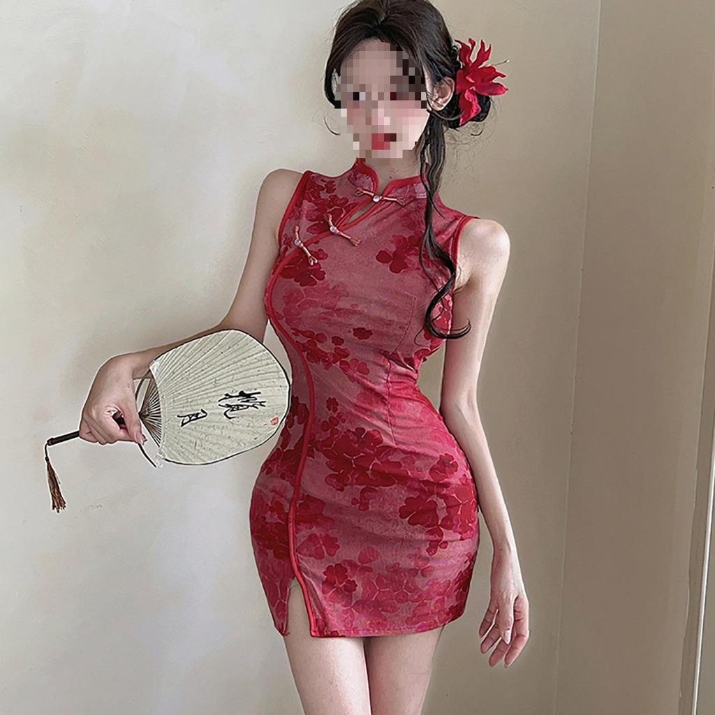 Floral Print Cheongsam Dress with Frog Button & Stand Collar - Slimming Summer Bodycon Skirt for Women