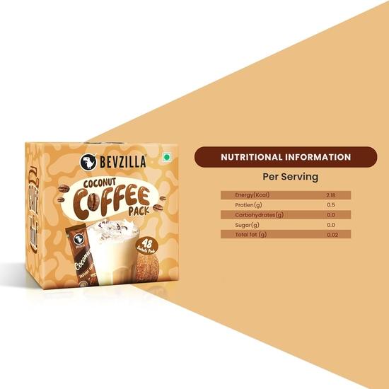 Bevzilla 48 Instant Coffee Powder Sachets (Coconut) - 96 Grams | Makes 48 Cups| Arabica Coffee| Easy To Carry