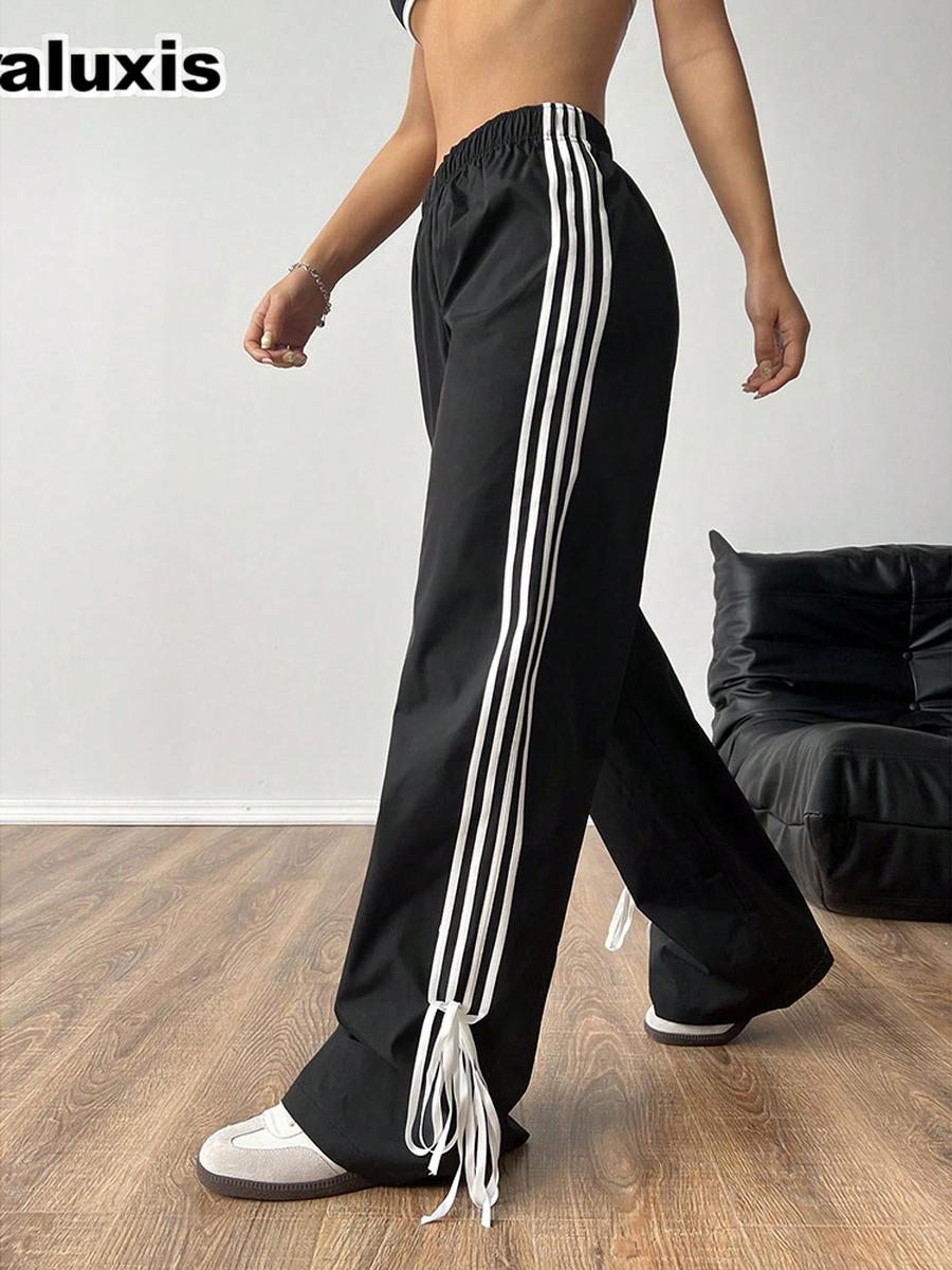 Frühling/Herbst Neuer Stil Farbblock Gestreifte Freizeithose Damen Hohe Taille Sporthose Locker Weites Bein Lange Hose S schwarz