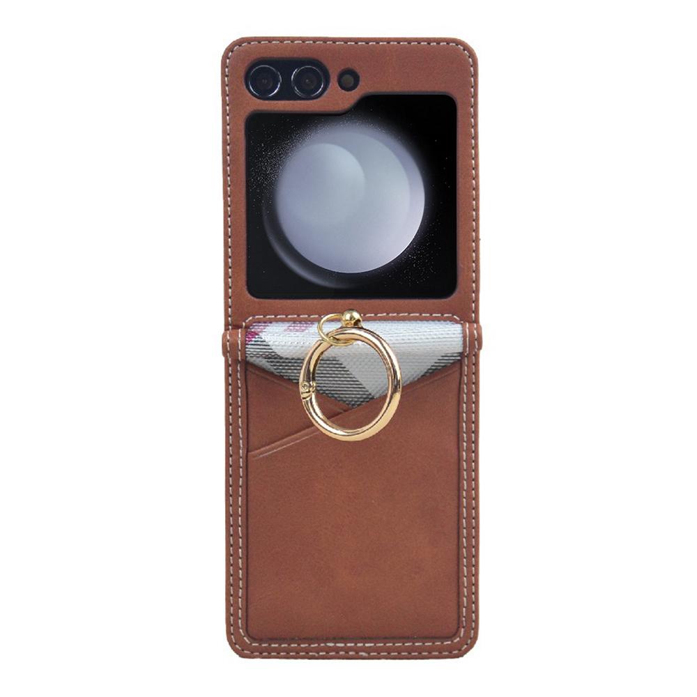 For Samsung Galaxy Z Flip7 FE 5G/Z Flip6 5G Case Metal Ring Card Holder Leather Coated PC Phone Cover