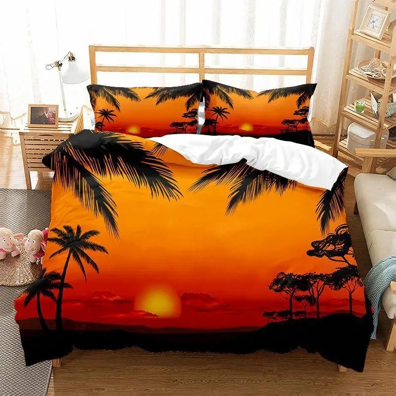 Beach Duvet Cover Twin King Size Microfiber Coconut Palm Trees Bedding Set Sunset Tropical Sandy Beach Landscape Comforter Cover