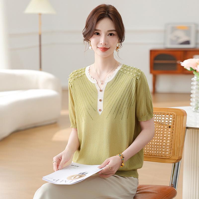 Stylish Summer Knit Top for Middle-Aged & Elderly Women - Loose Short Sleeve T-shirt