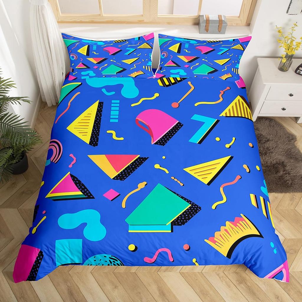 Memphis Geometric Duvet Cover Twin KingRetro Style Round Triangle Shapes Quilt Cover Colorful Graphic 80s 90S Style Bedding Set