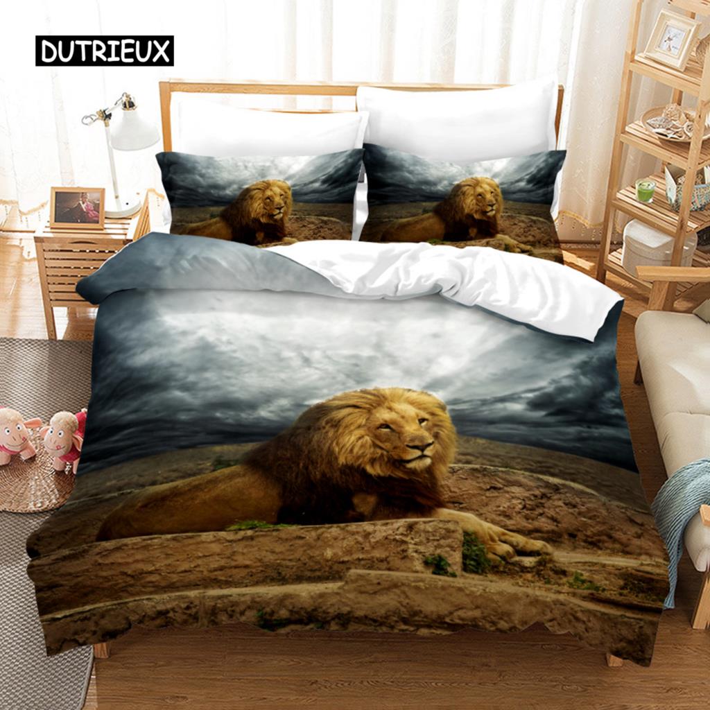 Lion Duvet Cover 3D African Wildlife Bedding Set for Kids Girls Soft Microfiber Quilt Cover with Zipper Closure