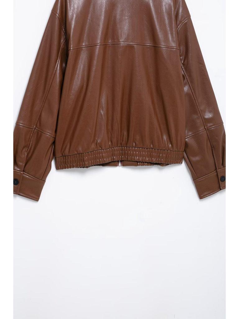 European and American Women's Fashion 2025 Spring Pilot Long Sleeve Faux PU Jacket