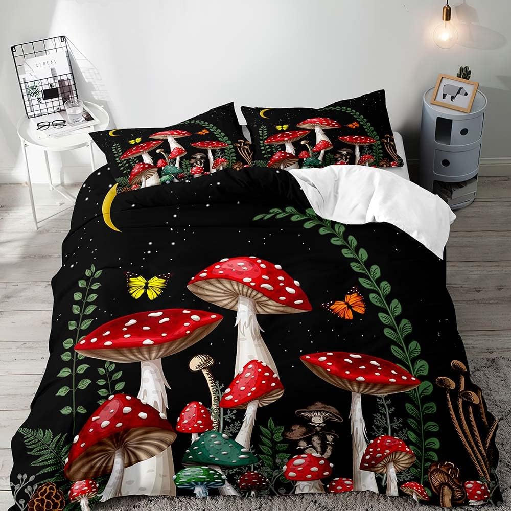 Olive Green Queen King Size Duvet Cover Set Boys Girls Kids Bedding Magic Forest Wonderland Plants Fungi Mushrooms  3 Piece Set