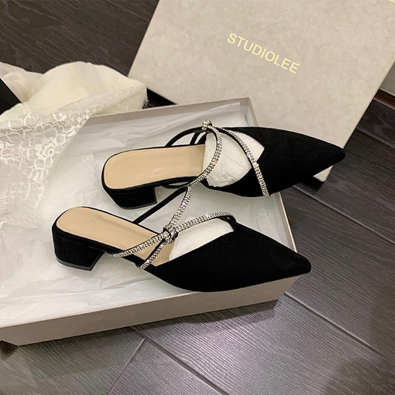Grape mother new French elegant pointed sandals diamond belt one pedal thick heel half slippers female mueller outer sandals