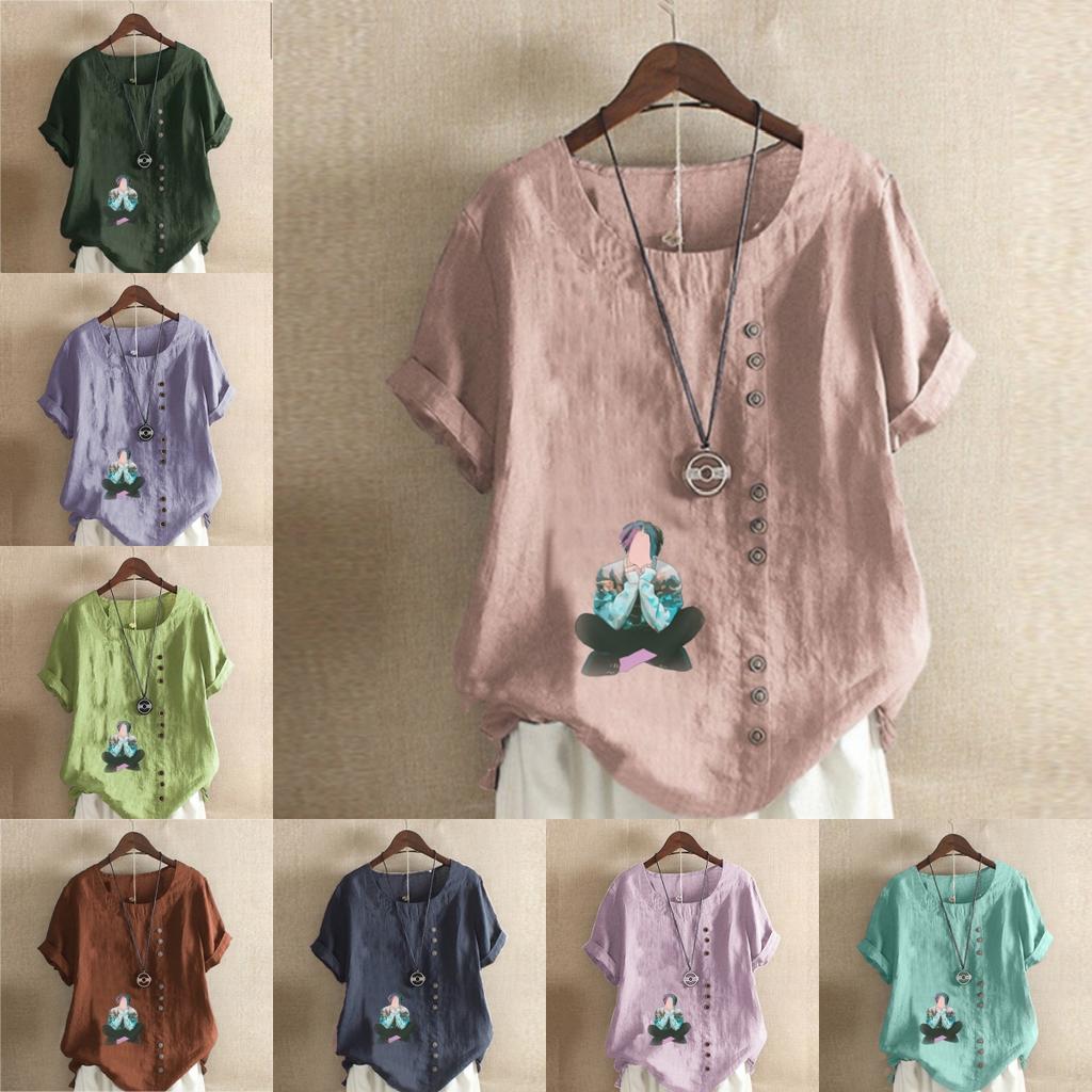 Women's New Fashion Linen Shirt Round Neck Short Sleeve Boy Printed T-shirt Summer Ladies Casual Plus Size Blouse Tops