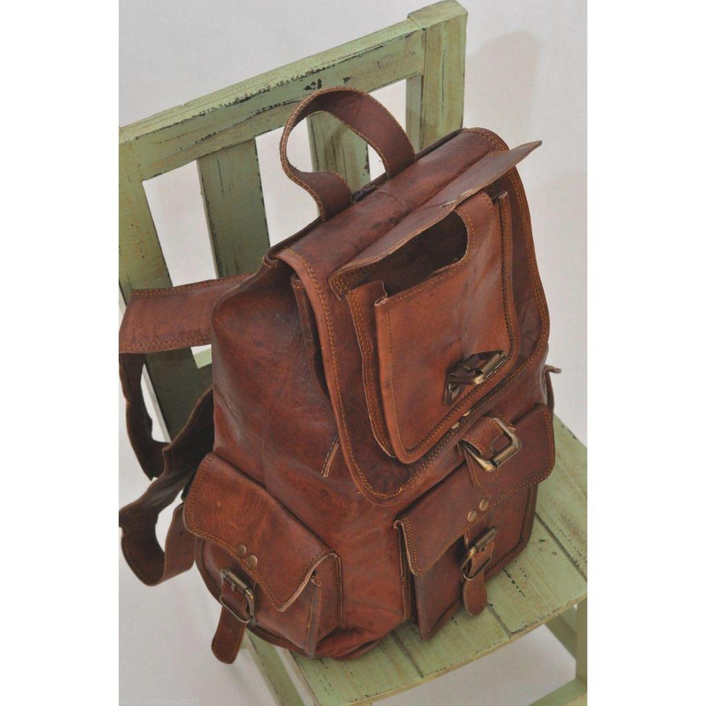 20'' Goat Leather Backpack Travel Rucksack Luggage Camping Bag Genuine Brown