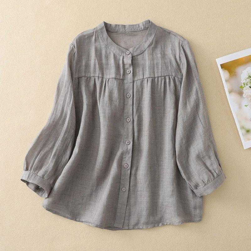 Ethnic style cotton and linen seven-quarter-sleeved shirt women's spring summer loose and thin casual cotton and linen cardigan top