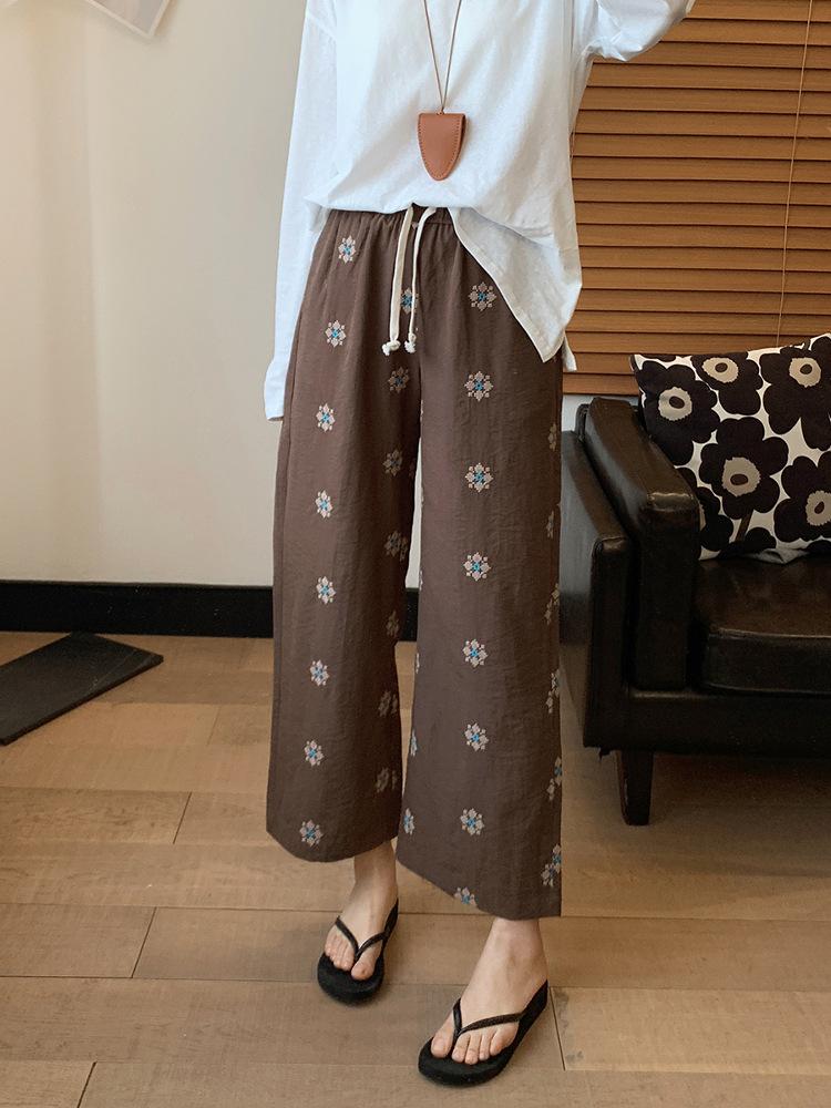 Women s Elastic Waist Wide Leg Pants Wide Leg Trousers Japanese Casual Embroidered Tencel Linen Cropped Pants S