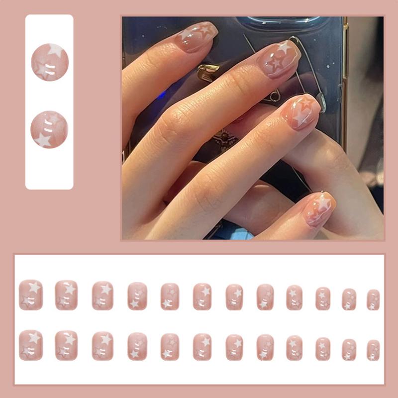 2025 Newest 24Pcs/Set Nail Art French Fake Nails Set With Glue Abs Plastic - Simple Short Nail Stickers
