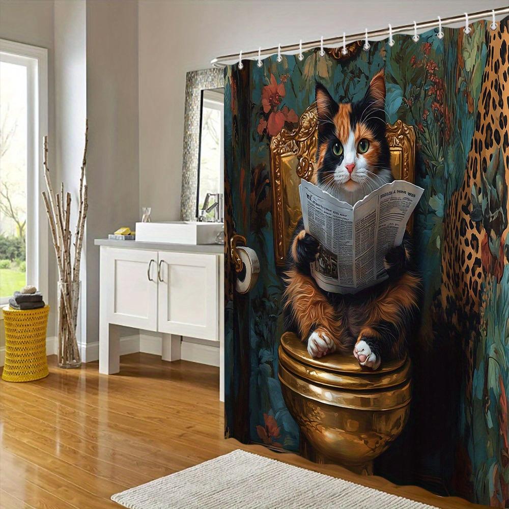Charming Cat Reading Newspaper Waterproof Shower Curtain for Modern Bathroom Decor, Stylish and Durable, Perfect for Home Use