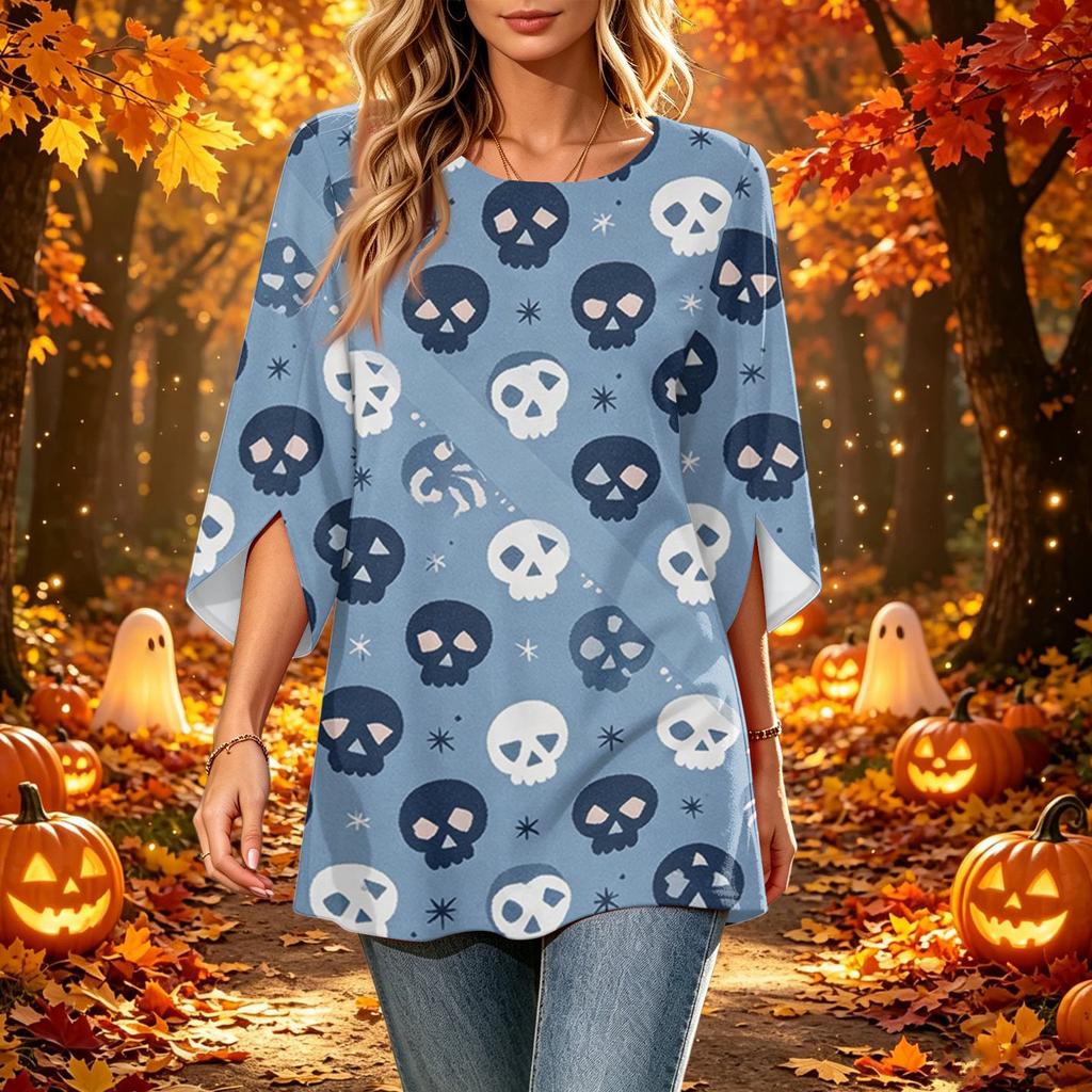 Women's Halloween Printed Casual Loose Fit Round Neck Three-Quarter Sleeve Top