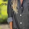 Denim Shirt Dress Shirt Collar Long Sleeves Women A-Line Style Dress Solid Color Single Breasted Knee-Length Dress